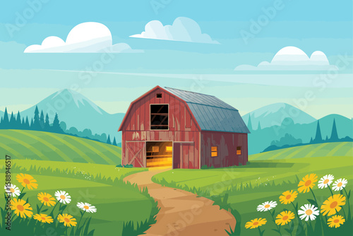 Old red barn and wooden farm house in a green rural landscape field under blue sky