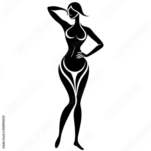 Black and White One Line Art Female Figure Graceful Pose with Curvy Body Shape woman