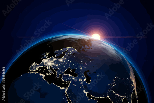 Global view of planet Earth from space, bathed in sunlight with continents and oceans visible, against a starry, black universe