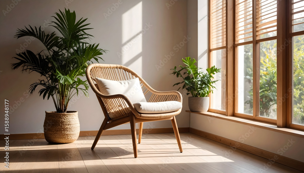 Fototapeta premium Relaxing Wicker Chair with Indoor Plants in Sunlit Room