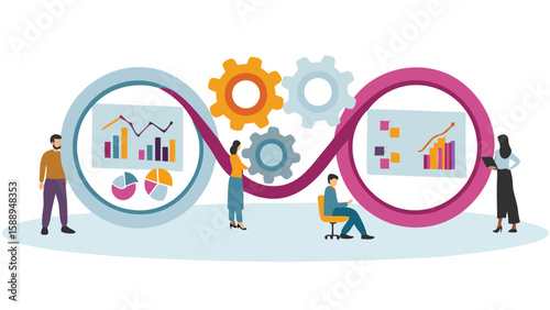 People working with charts and graphs in a workflow with gears and connected circles design