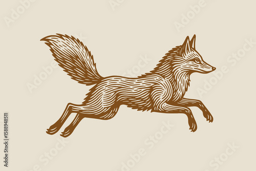Fox engraving style running side view vector illustration

