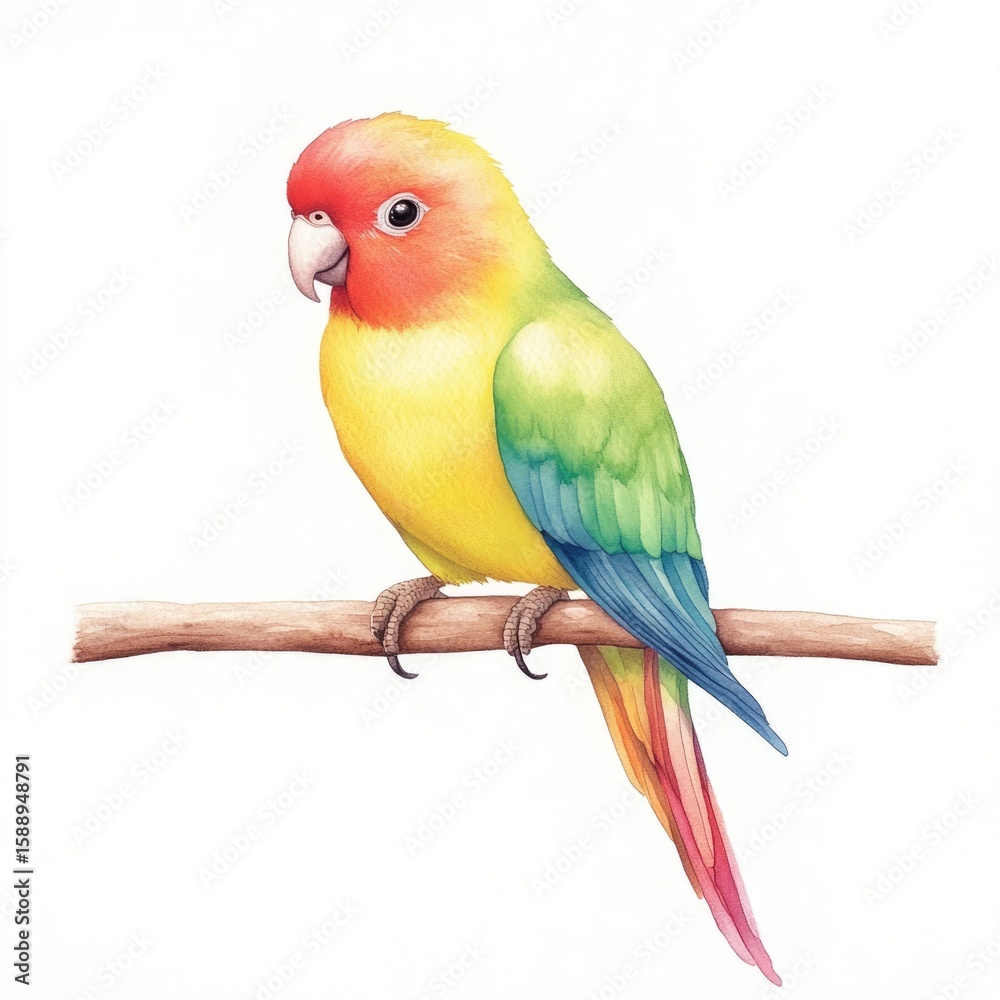 Fototapeta premium Lively watercolor painting showcasing a captivating parrot with vibrant plumage perched gracefully on a branch set against a harmonious palette of soft gradients and intricate details
