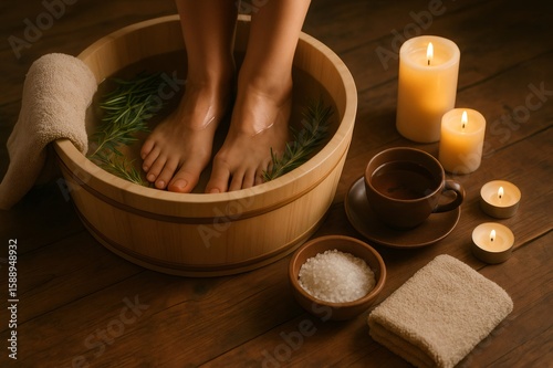 Feet soaking in a wooden bowl with rosemary, surrounded by candles, a cup of tea, and spa essentials on a wooden floor, creating a serene atmosphere