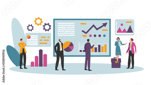 Business team analyzing data on a presentation board with charts and graphs and discussing strategy