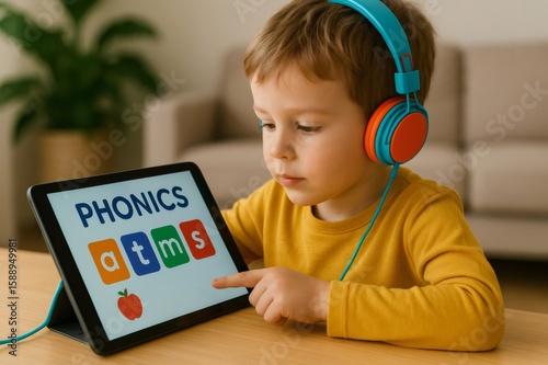 Young child wearing headphones interacts with a phonics app on a tablet, enhancing early literacy skills in a cozy home environment