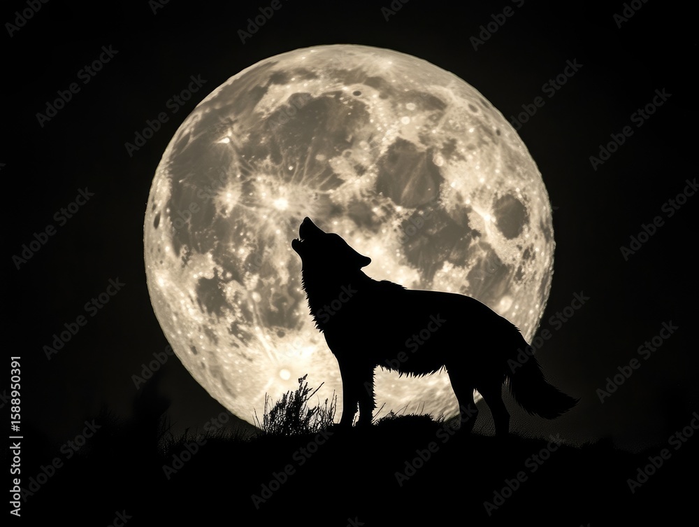Fototapeta Silhouette of a lone wolf howling against a full moon