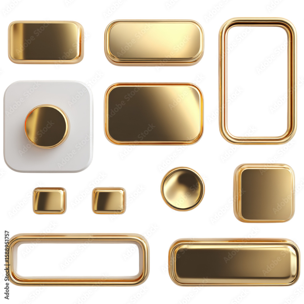 Collection of golden 3D buttons icons and elements of various shapes and sizes presented against a dark background Collection of golden 3D buttons icons and elements of various shapes and sizes presented against a dark background