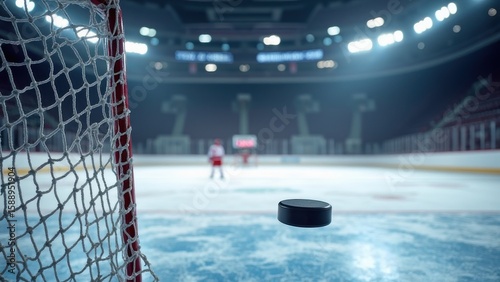 Wallpaper Mural background hockey net and flying puck, back view of blurred hockey stadium Torontodigital.ca