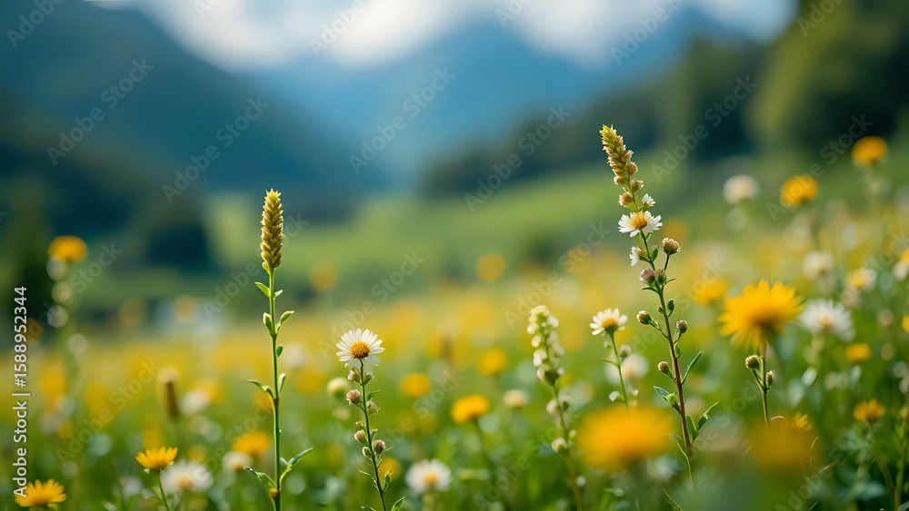 Obraz premium Vibrant wildflower meadow with blurred mountains in the background