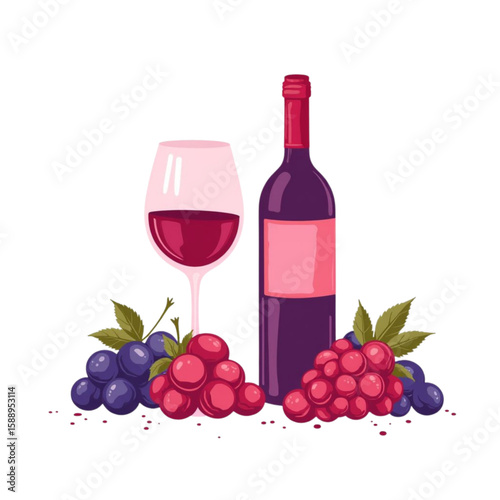 Wine bottle with glass and assorted grapes on a transparent background  