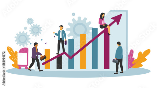 Business growth chart with team members and gears showing progress and development strategy planning