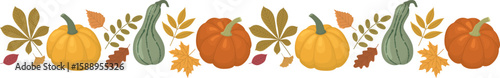 Autumn border with colorful pumpkins and leaves. Colorful fall banner template isolated on white