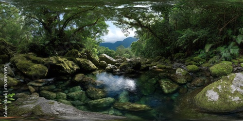 Captivating 360 degrees panoramic view of lush nature hdr landscape tranquil river forest