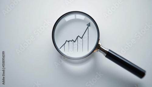 Business data analysis with a magnifying glass focusing on an upward graph showing growth and financial success