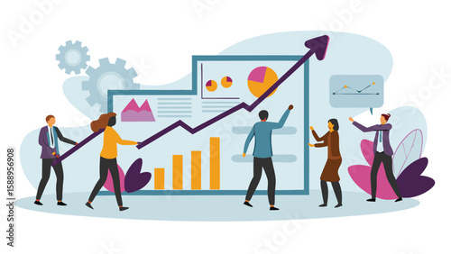 Team collaborating on a business growth chart with upward trend and data visualization display board