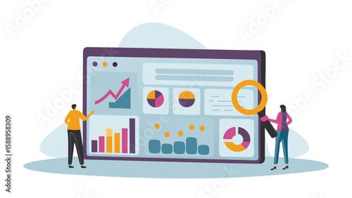 People analyzing data on a dashboard with charts graphs and a magnifying glass for business insights