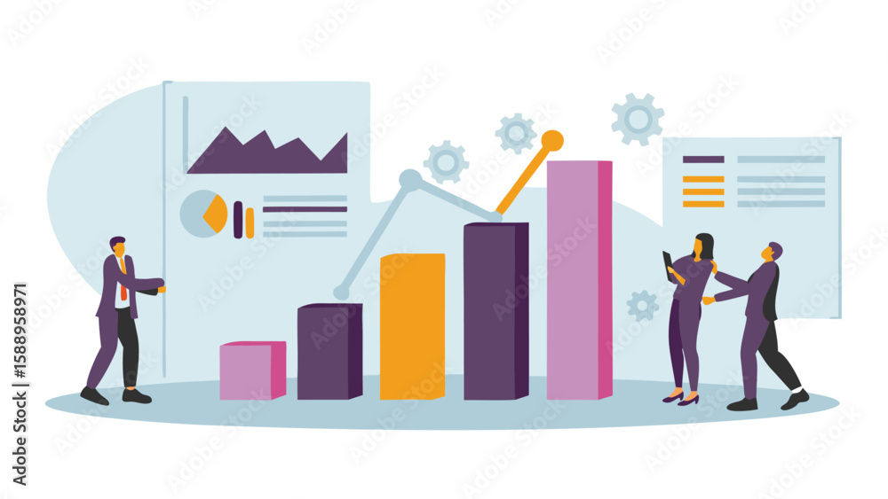 Fototapeta premium Business team analyzing financial data and growth charts with bar graphs and line graphs on a screen