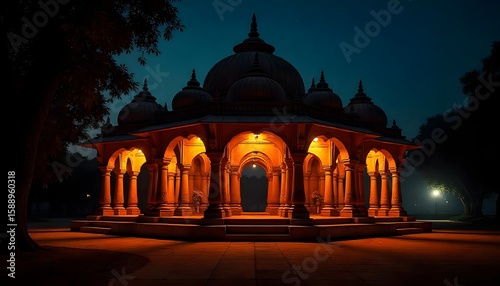 Indian Temple Pavilion Illuminated at Night