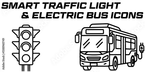 Smart traffic light icon, black and white line vector, minimal connected city system, scalable stroke & Electric bus icon, black and white vector, urban public transport, clean adjustable line design