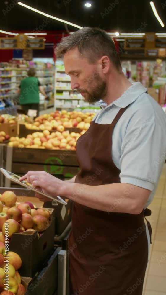 Vertical view of male sales manager wearing uniform holding digital tablet checking price for apples during workday in grocery store Vertical view of male sales manager wearing uniform holding digital tablet checking price for apples during workday in grocery store