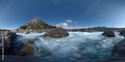 Dynamic water flow panorama mountainous landscape hdr 360 degrees nature's beauty