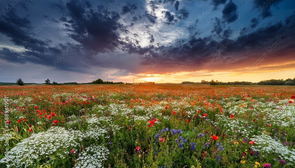 Fototapeta premium dramatic sky above a flowery meadow