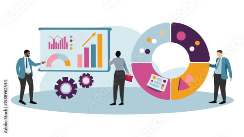 Illustration of business team analyzing graphs and charts for business performance review and planning