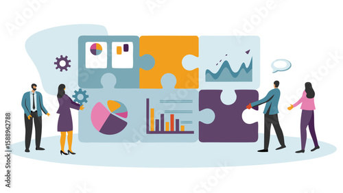 People assembling puzzle pieces with charts and graphs to represent business data analysis and teamwork