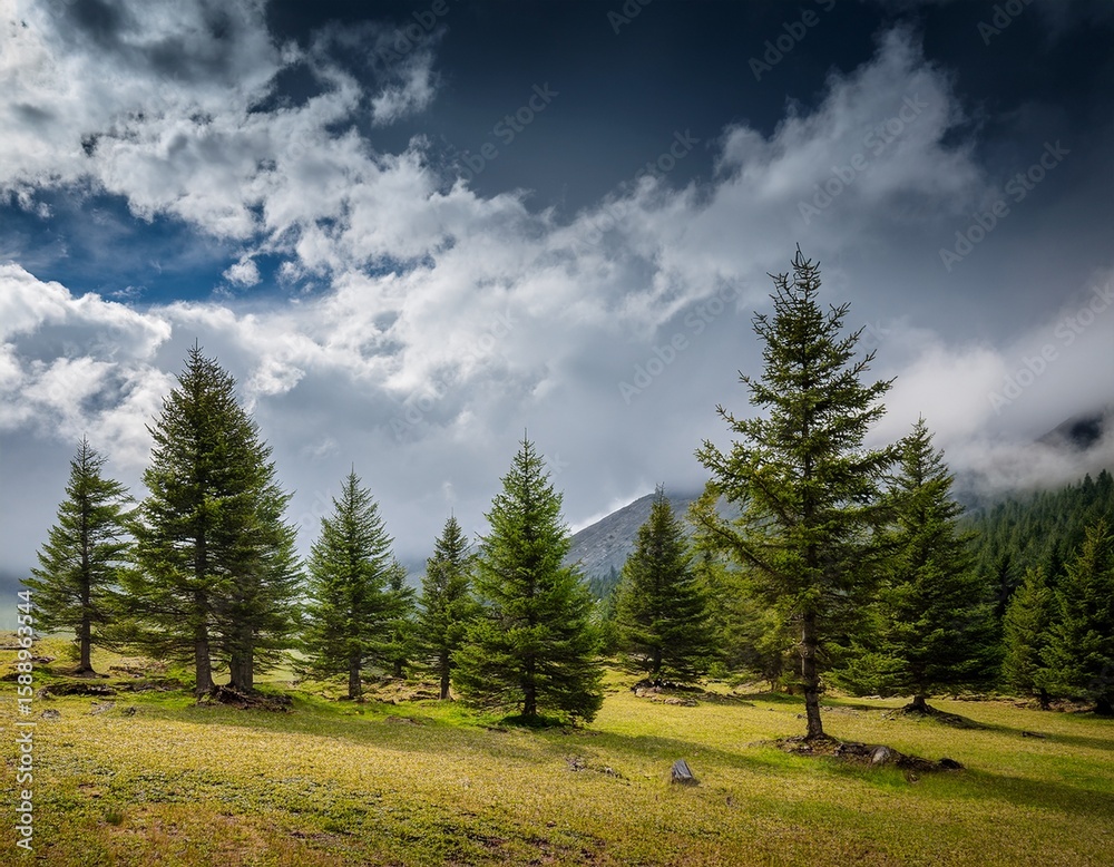 Fototapeta premium pine trees under cloudy sky