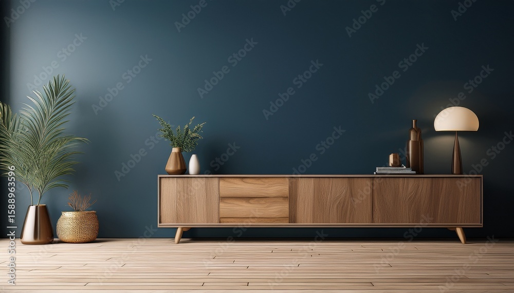 Obraz premium dark blue wall mockup modern interior empty room with cozy home have wood cabinet and wood floor parquet 3d render