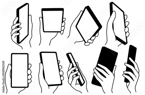 いろいろな角度から見たスマートフォンを持つ手のベクターイラストセット