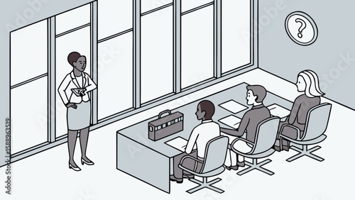 Businesswoman presenting to a panel of interviewers in an office with a question mark on the wall