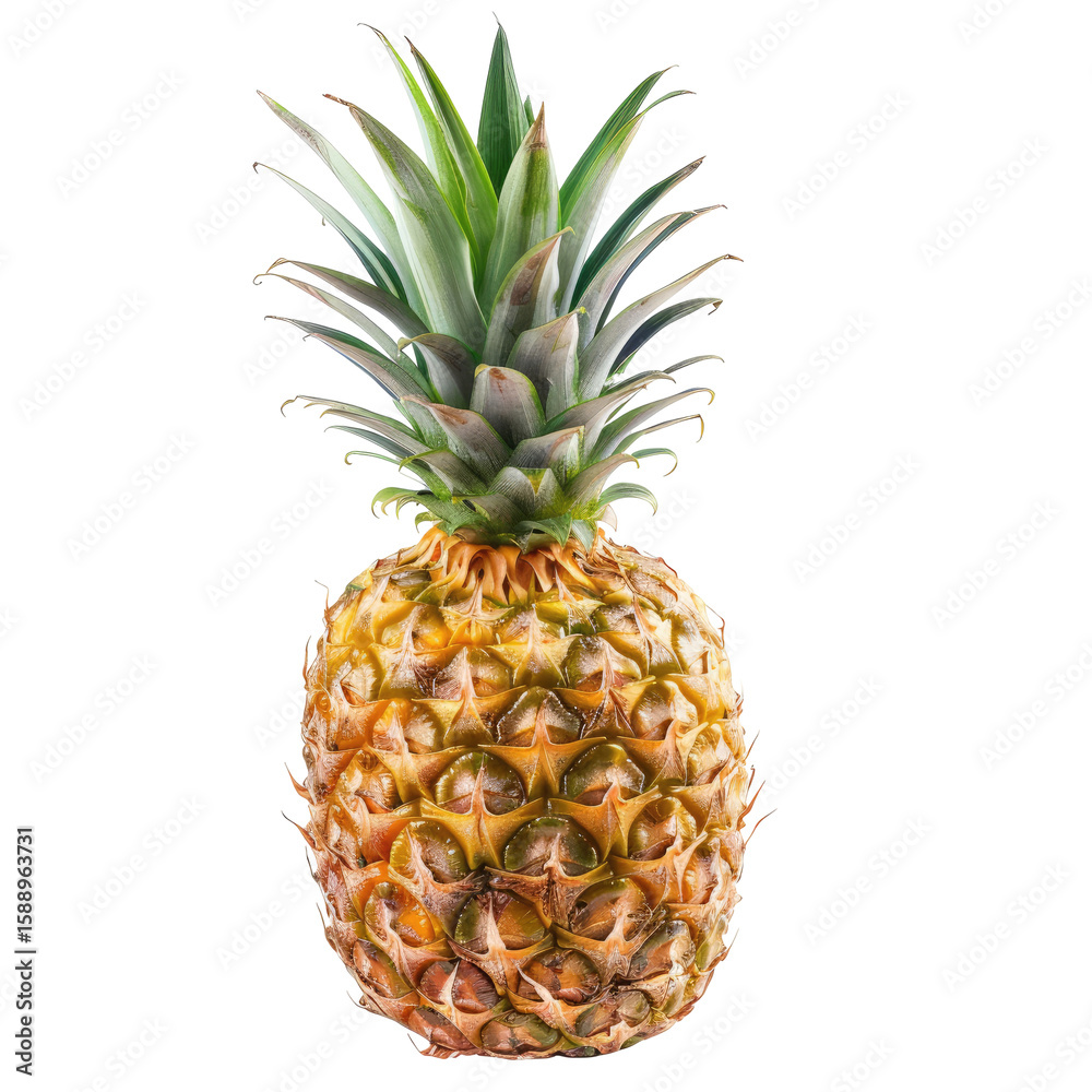 Fototapeta premium Fresh pineapple, vibrant yellow-gold skin, green crown