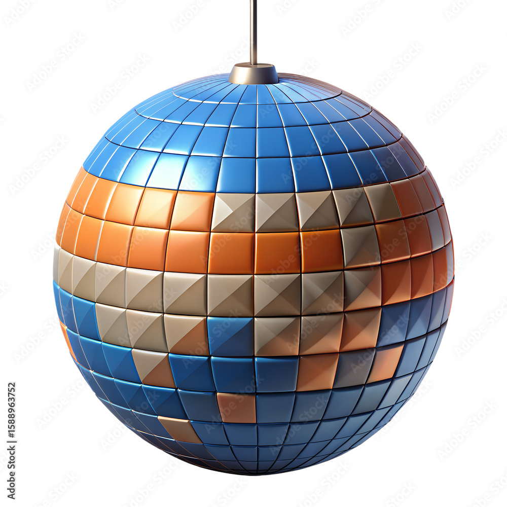 Fototapeta premium A colorful disco ball with blue, orange and gray squares hangs, ready to light up the party isolated on transparent background