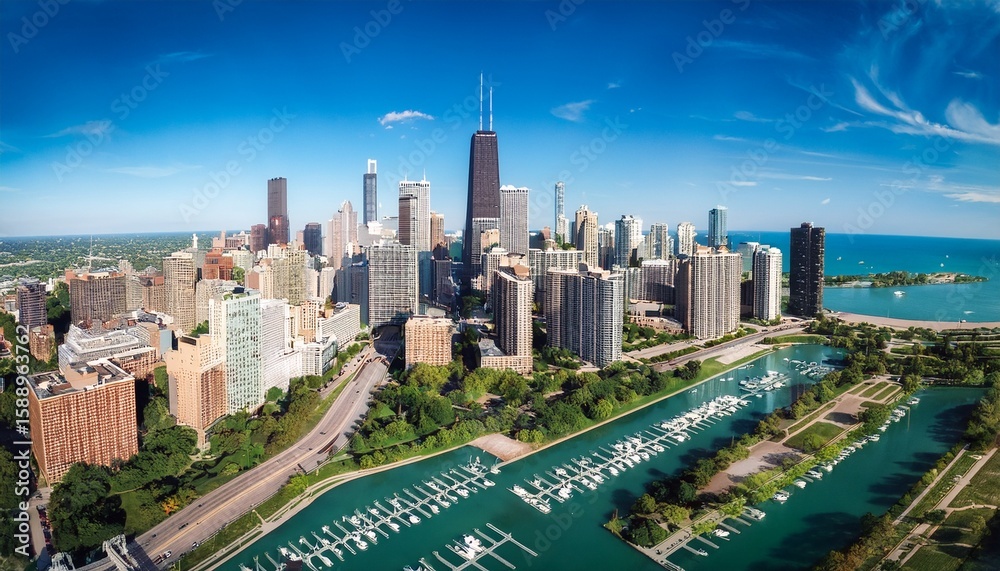 Obraz premium aerial view of downtown chicago from lincoln park skyline view with skyscrapers and buildings and belmont harbor