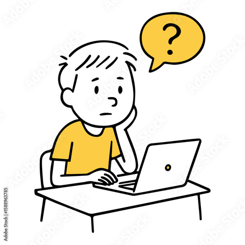 Man Sitting at Desk with Laptop and Question Mark Speech Bubble. Thoughtful Expression, Young Freelancer, Work from Home, Office Setup, Digital Nomad, Remote Worker Doodle Style Vector Illustration