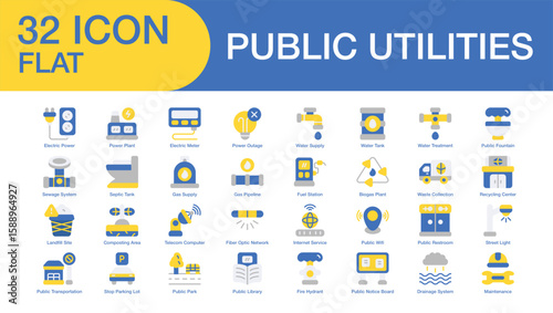public utilities set of web icons in flat style. Containing electric power, power plant, electric meter, power outage, water supply, water tank, water treatment, and more. High Quality