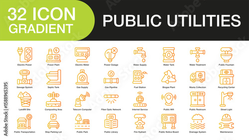 public utilities set of web icons in gradient style. Containing electric power, power plant, electric meter, power outage, water supply, water tank, water treatment, and more. High Quality