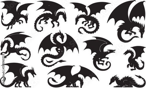 Various black dragon silhouettes in different poses wings fantasy