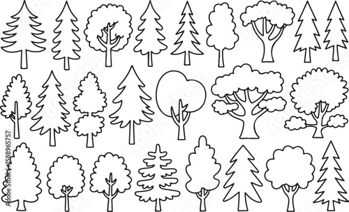 Various stylized trees and evergreen conifers foliage branches