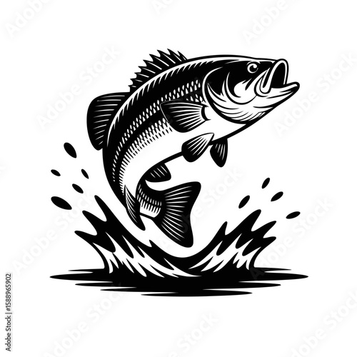 Jumping Bass Fish Vector Illustration – Black and White Retro Style Largemouth Bass Leaping from Water – Perfect for Fishing Logos, T-Shirt Designs, Stickers, Club Branding, and Outdoor Posters