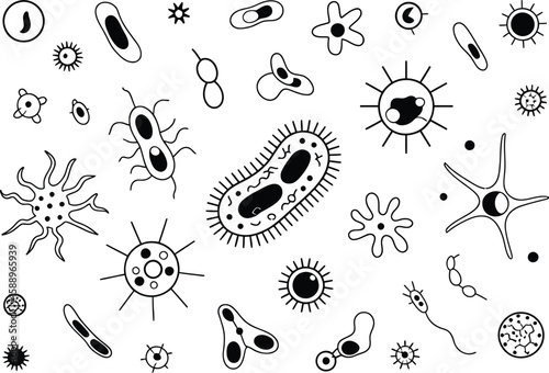 Black and White Line Art of Various Microscopic Organisms on a White Background
