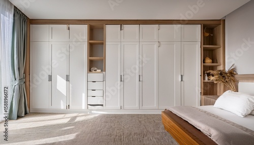 white bedroom wooden wardrobe with glossy sliding doors in minimalist style interior design
