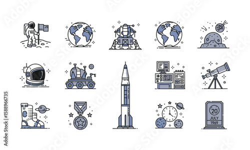Space exploration icons depicting astronaut, Earth, lunar module, rover, rocket, computer, telescope, boot, medal, and more.