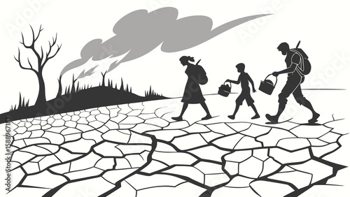 Silhouette family walking on cracked dry land with burning trees in the background vector art