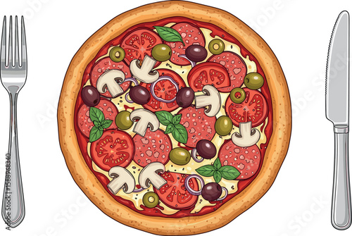 Cartoon pizza with fork and knife