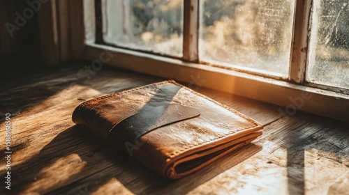 Rustic Leather Wallet Under a Sunlit Window