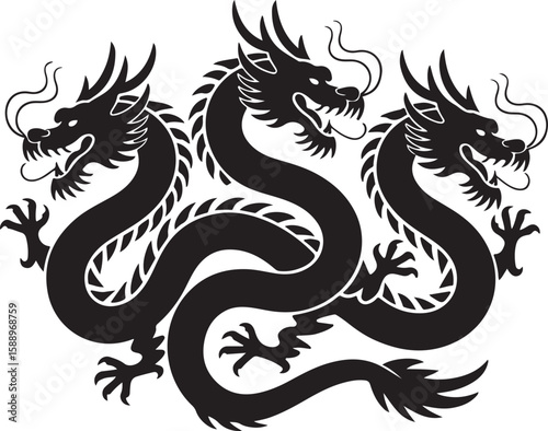 Wallpaper Mural Black three headed dragon with claws and scales white mythical Torontodigital.ca