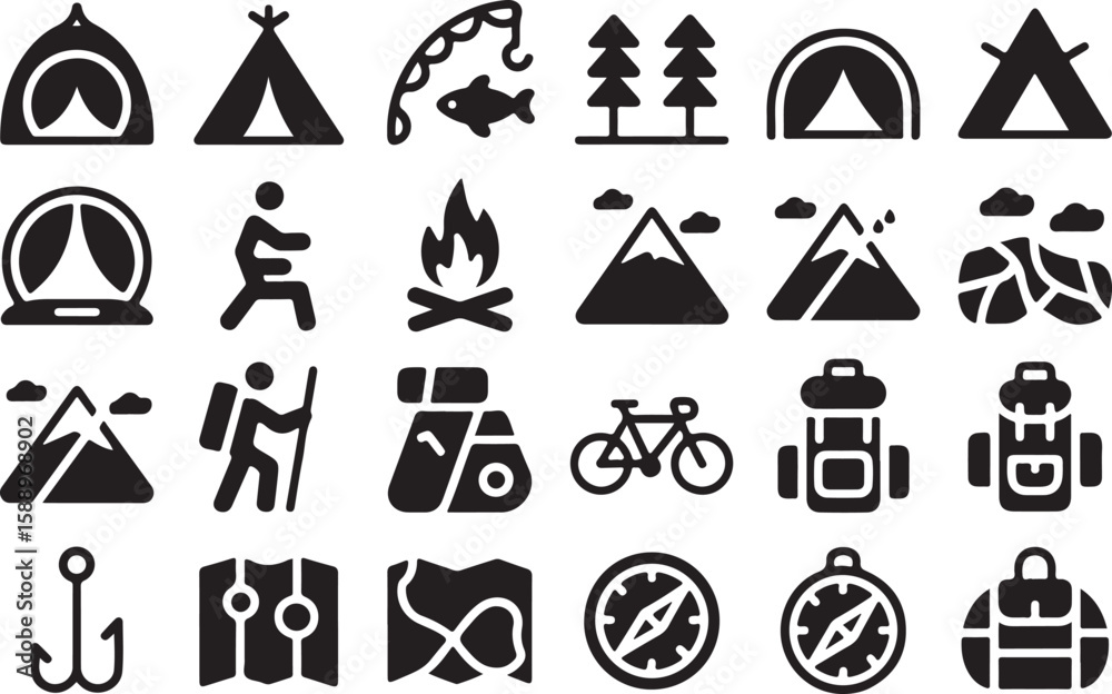 Fototapeta premium Camping and outdoor adventure icons tent fishing
